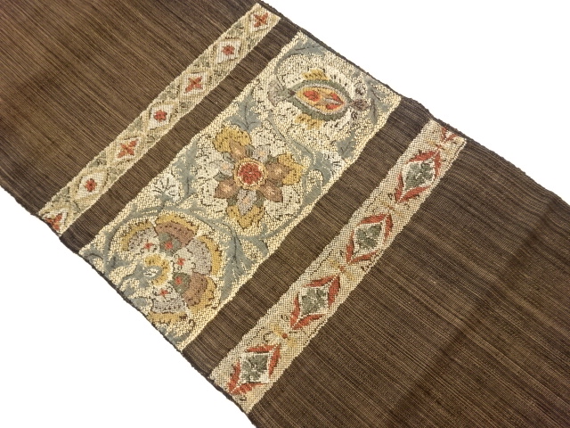 JAPANESE NAGOYA OBI / TSUMUGI / WOVEN FLOWER ARABESQUE